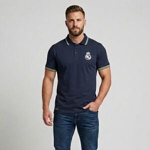 Real Madrid CF Mens Navy Blue Tipped Cotton Polo Shirt Official Licensed Large